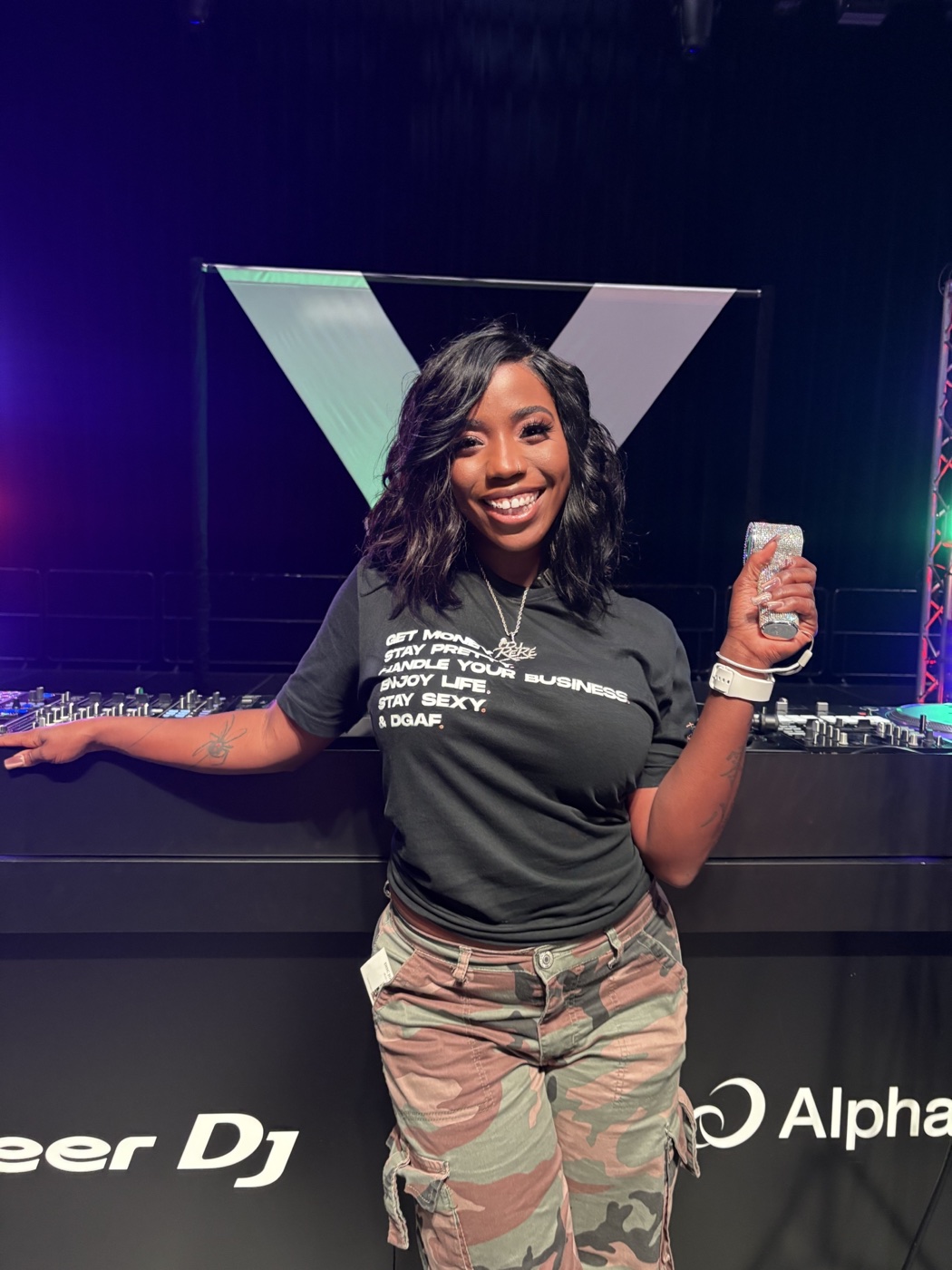 DJ ReRe in the black “DGAF” tee